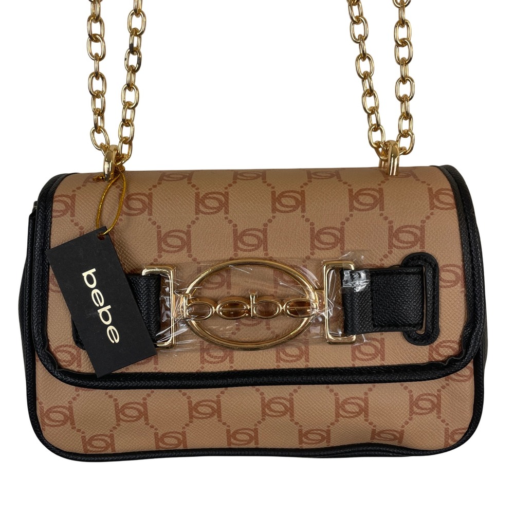 Bebe Monogram Crossbody Bag Tan‎ Black Gold Chain Strap Logo Shoulder Bag NEW